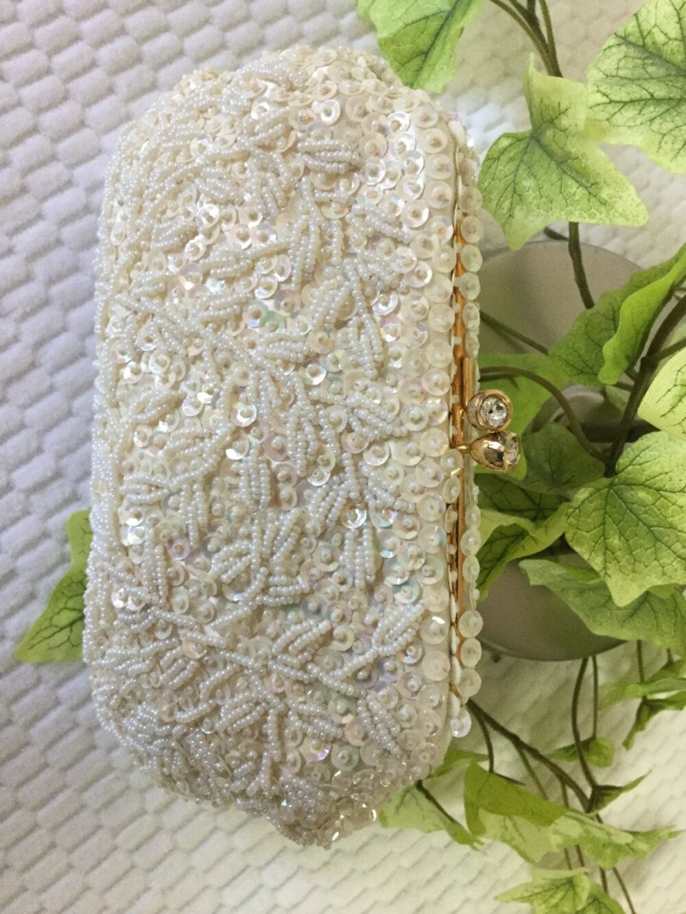 Hand-made Women Sequin Pearl Clutch Shoulder Handbag Evening Purse White Gold